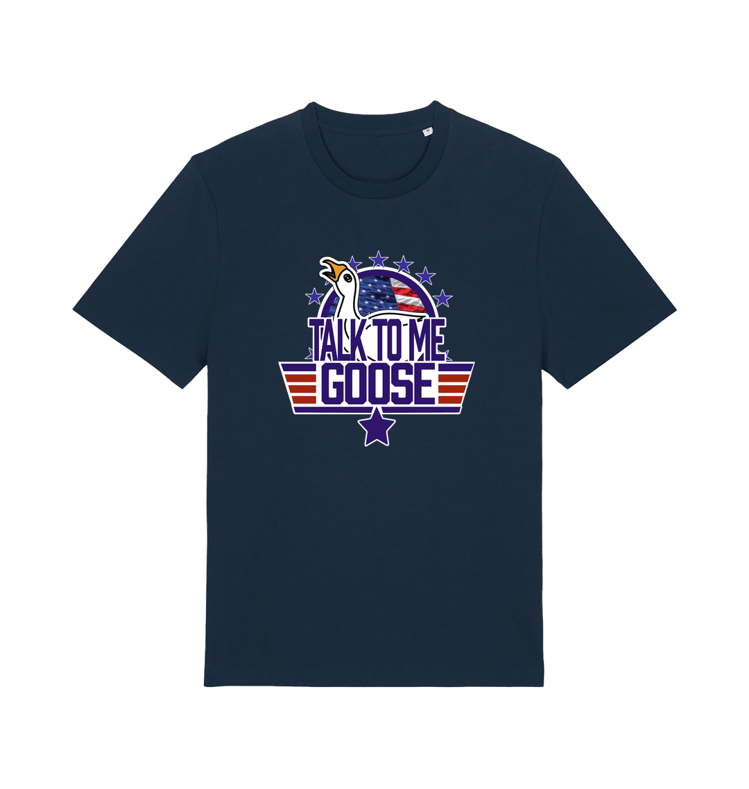 navy movie t-shirt with the graphic of a goose and the slogan 'talk to me goose'