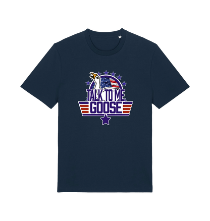 navy movie t-shirt with the graphic of a goose and the slogan 'talk to me goose'