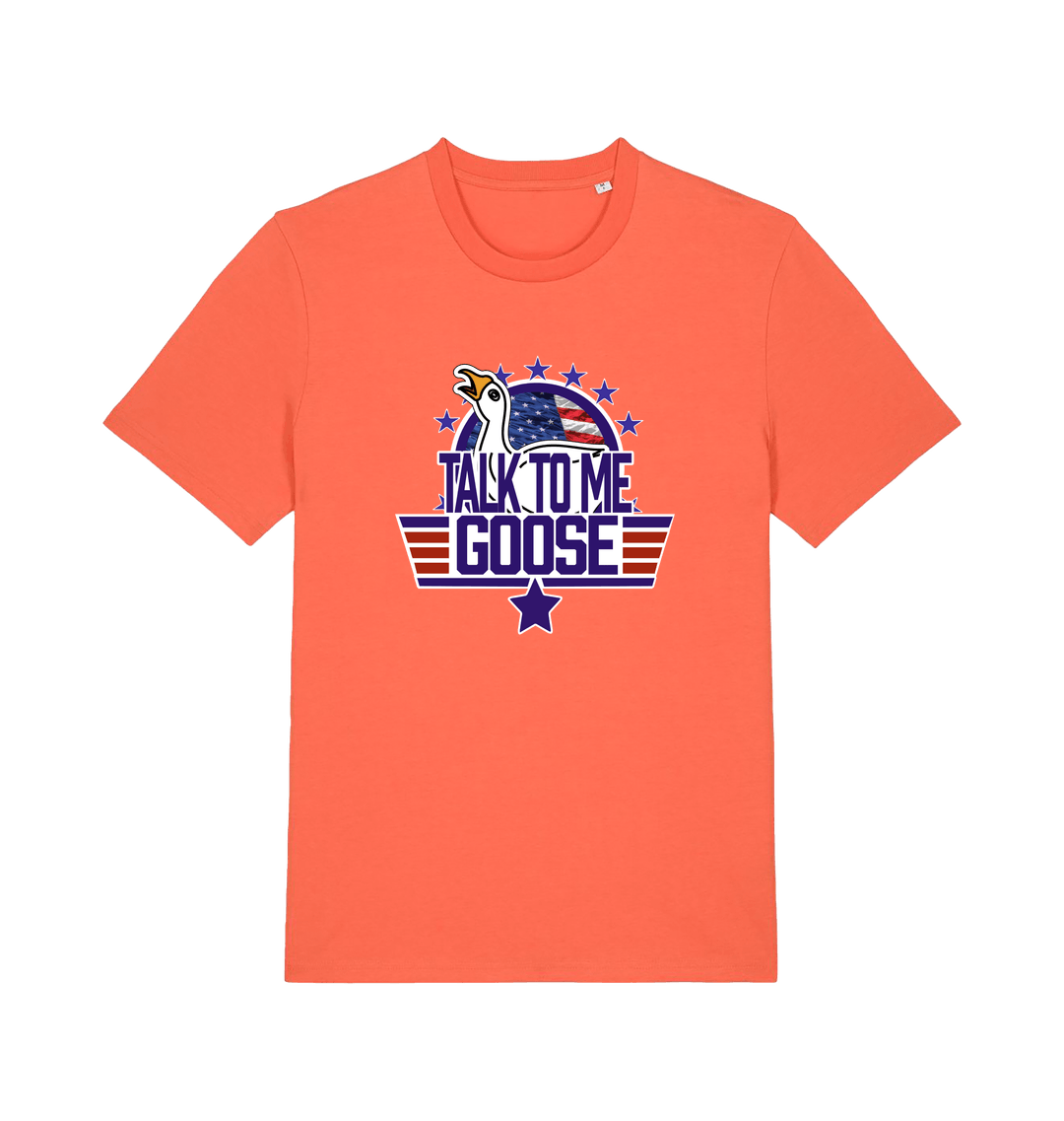 orange movie t-shirt with the graphic of a goose and the slogan 'talk to me goose'