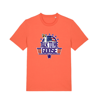 orange movie t-shirt with the graphic of a goose and the slogan 'talk to me goose'