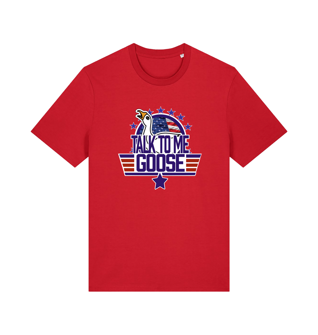 red movie t-shirt with the graphic of a goose and the slogan 'talk to me goose'