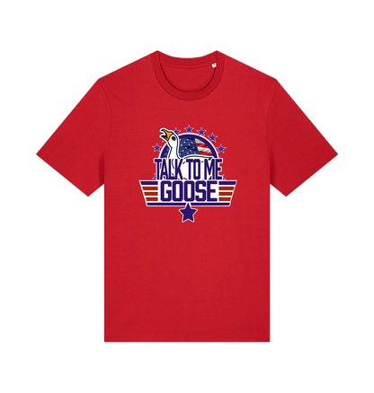 red movie t-shirt with the graphic of a goose and the slogan 'talk to me goose'