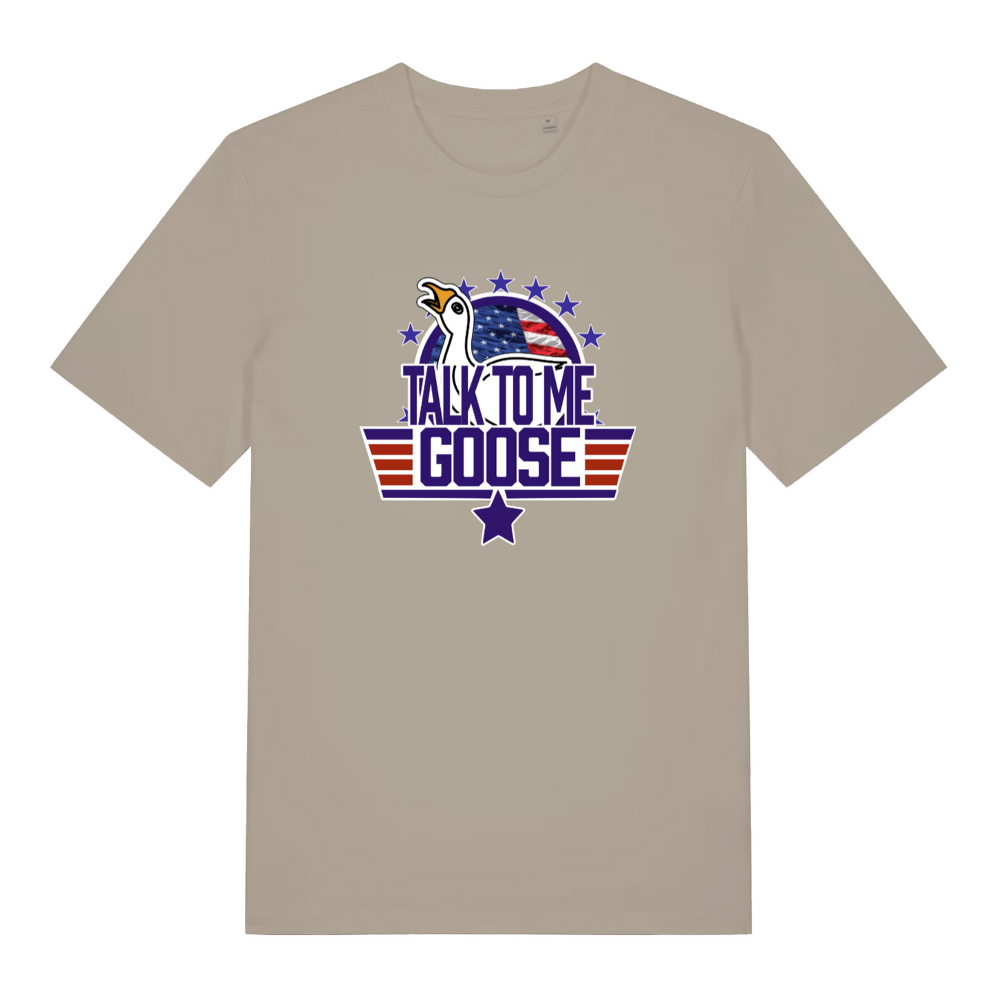 stone movie t-shirt with the graphic of a goose and the slogan 'talk to me goose'