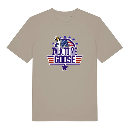 stone movie t-shirt with the graphic of a goose and the slogan 'talk to me goose'