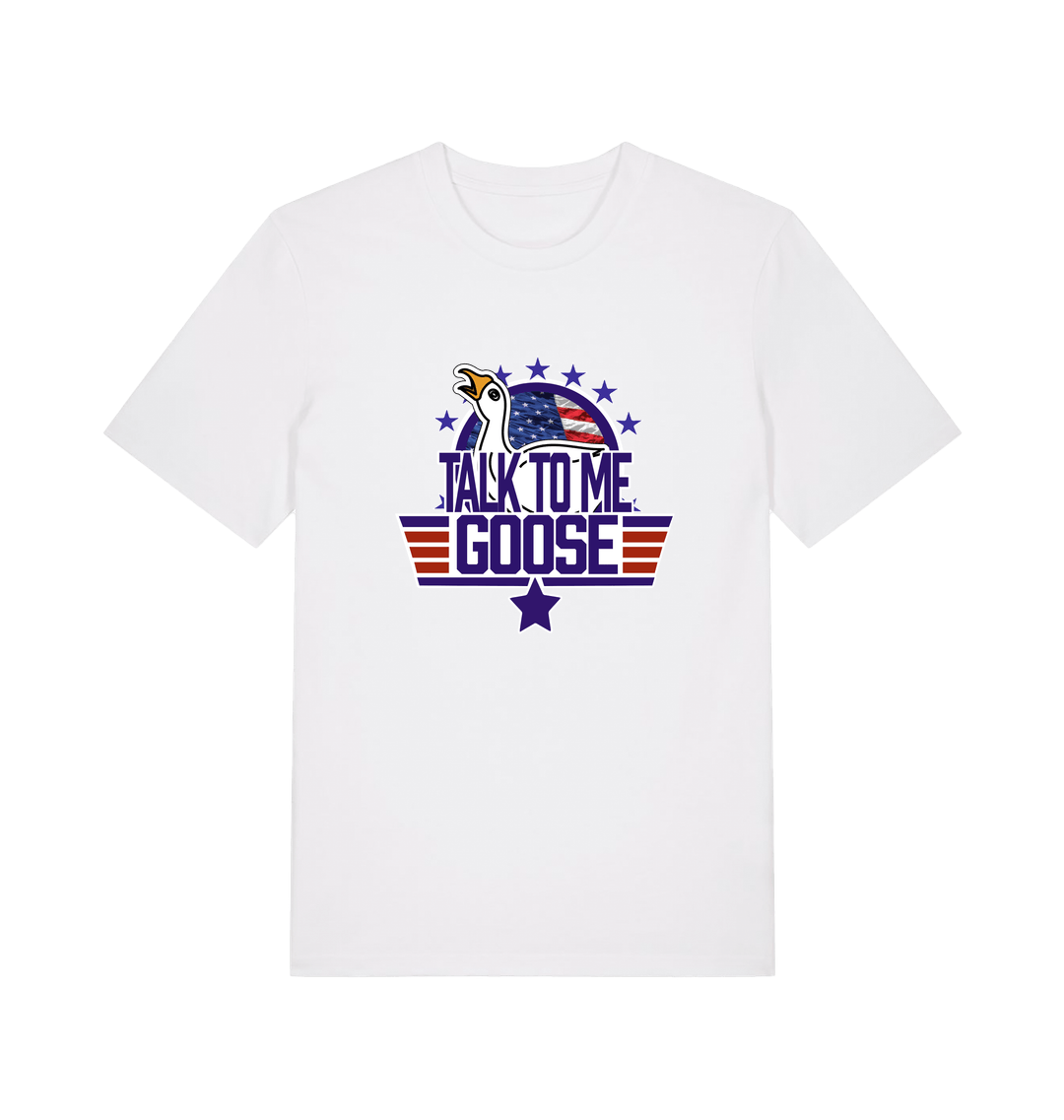 white movie t-shirt with the graphic of a goose and the slogan 'talk to me goose'