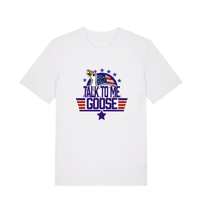 white movie t-shirt with the graphic of a goose and the slogan 'talk to me goose'