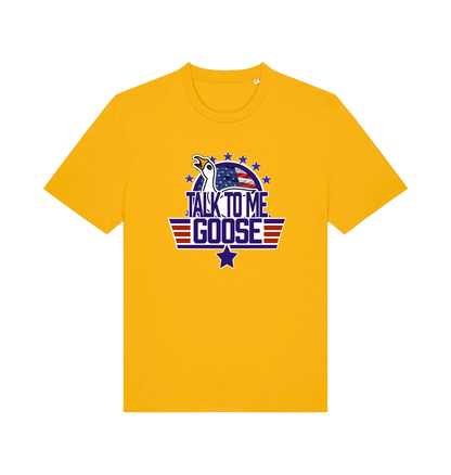 yellow movie t-shirt with the graphic of a goose and the slogan 'talk to me goose'