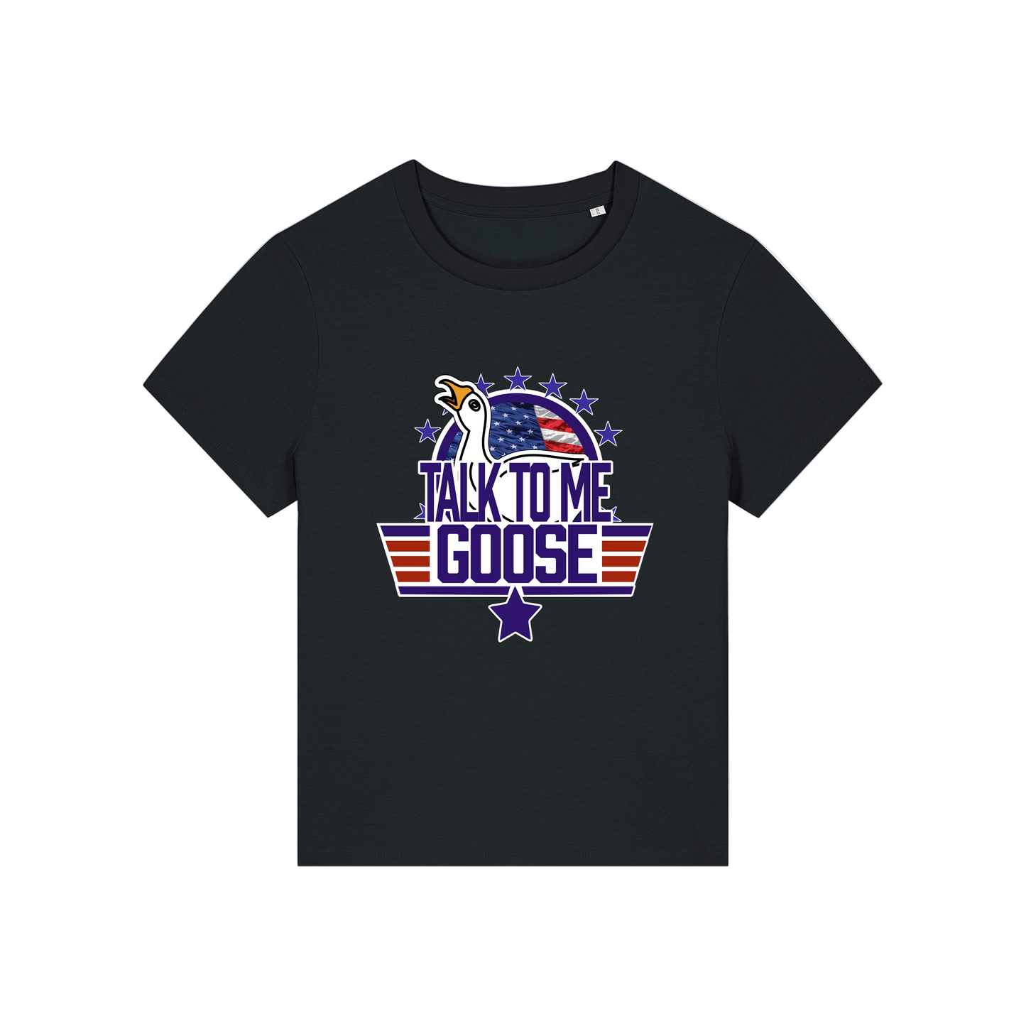 black movie t-shirt with the graphic of a goose and the slogan 'talk to me goose'