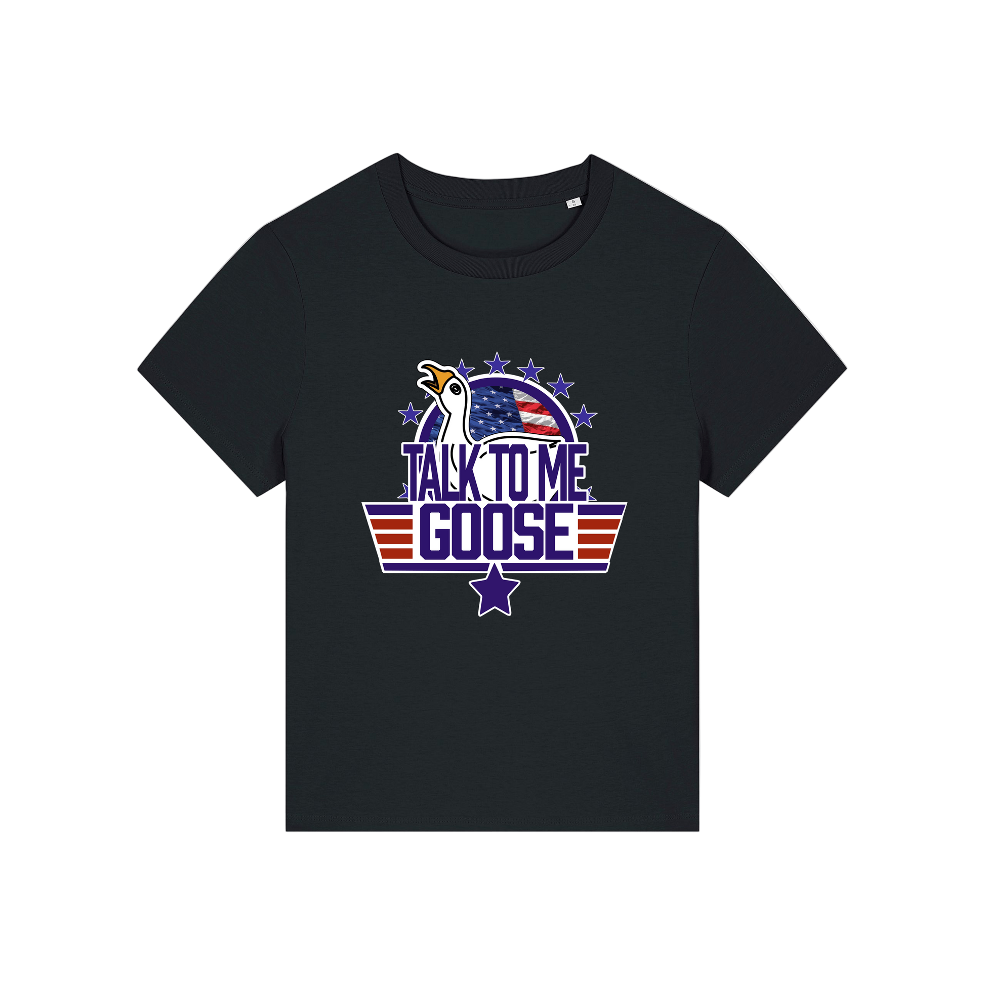 black movie t-shirt with the graphic of a goose and the slogan 'talk to me goose'