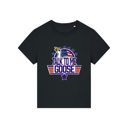 black movie t-shirt with the graphic of a goose and the slogan 'talk to me goose'