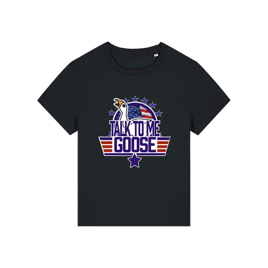 black movie t-shirt with the graphic of a goose and the slogan 'talk to me goose'