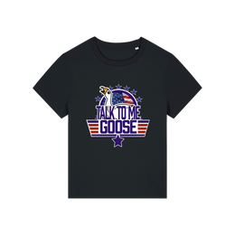 black movie t-shirt with the graphic of a goose and the slogan 'talk to me goose'