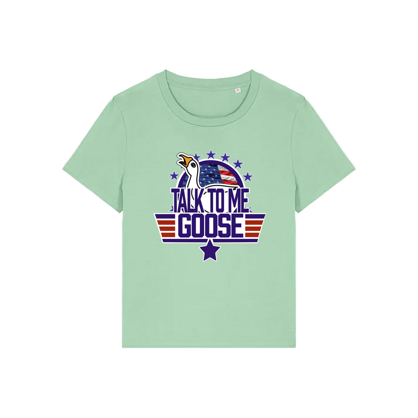 green movie t-shirt with the graphic of a goose and the slogan 'talk to me goose'