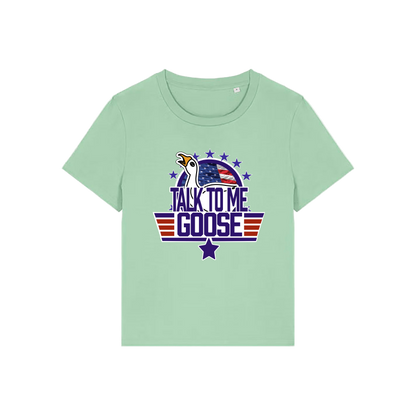 green movie t-shirt with the graphic of a goose and the slogan 'talk to me goose'