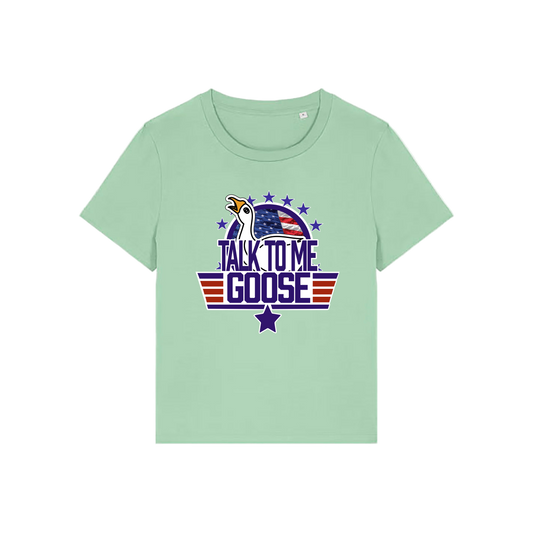 green movie t-shirt with the graphic of a goose and the slogan 'talk to me goose'