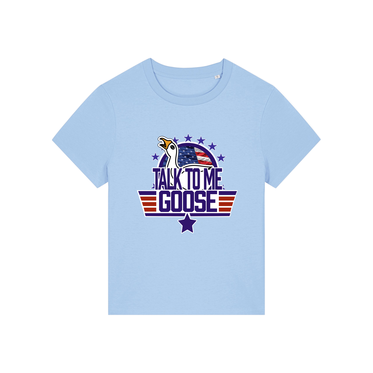 light blue movie t-shirt with the graphic of a goose and the slogan 'talk to me goose'
