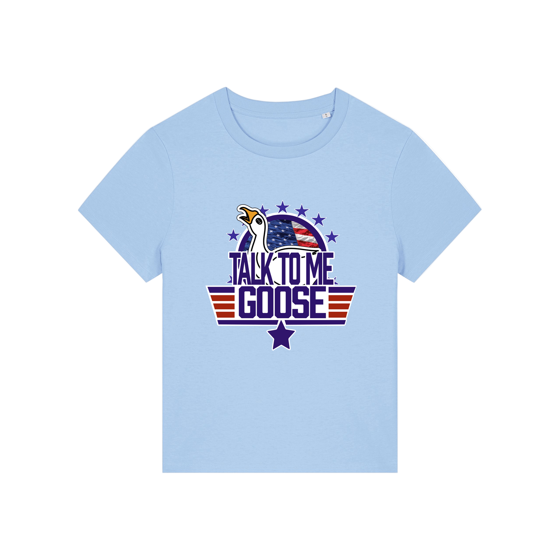 light blue movie t-shirt with the graphic of a goose and the slogan 'talk to me goose'