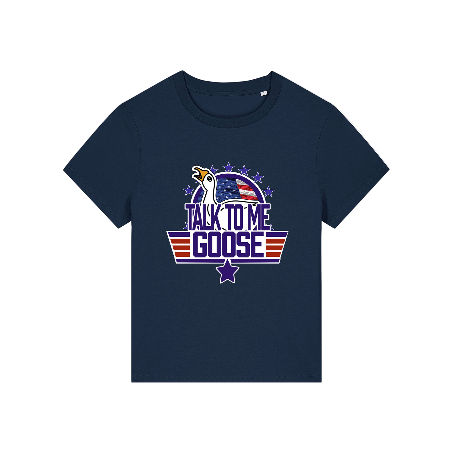 navy movie t-shirt with the graphic of a goose and the slogan 'talk to me goose'