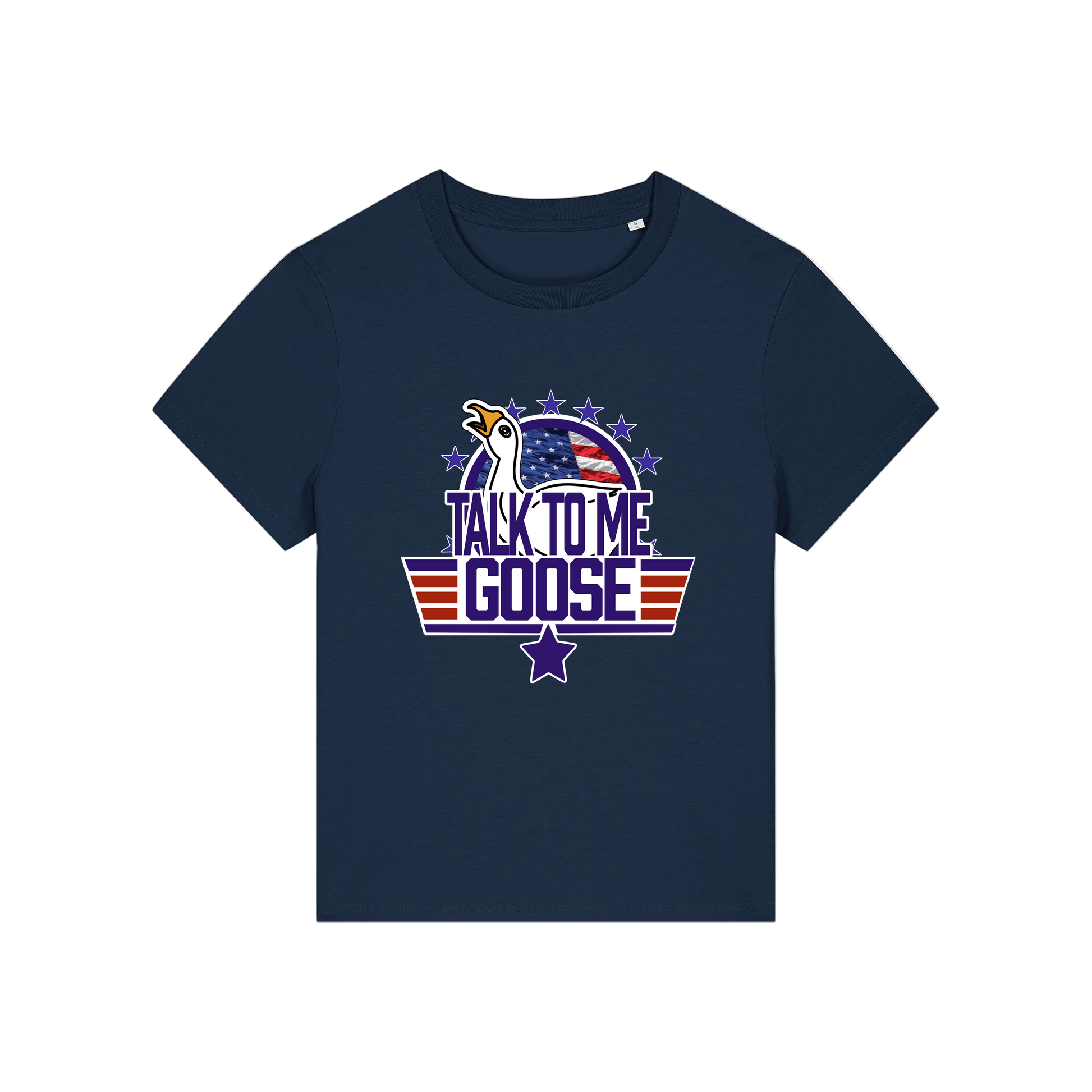 navy movie t-shirt with the graphic of a goose and the slogan 'talk to me goose'