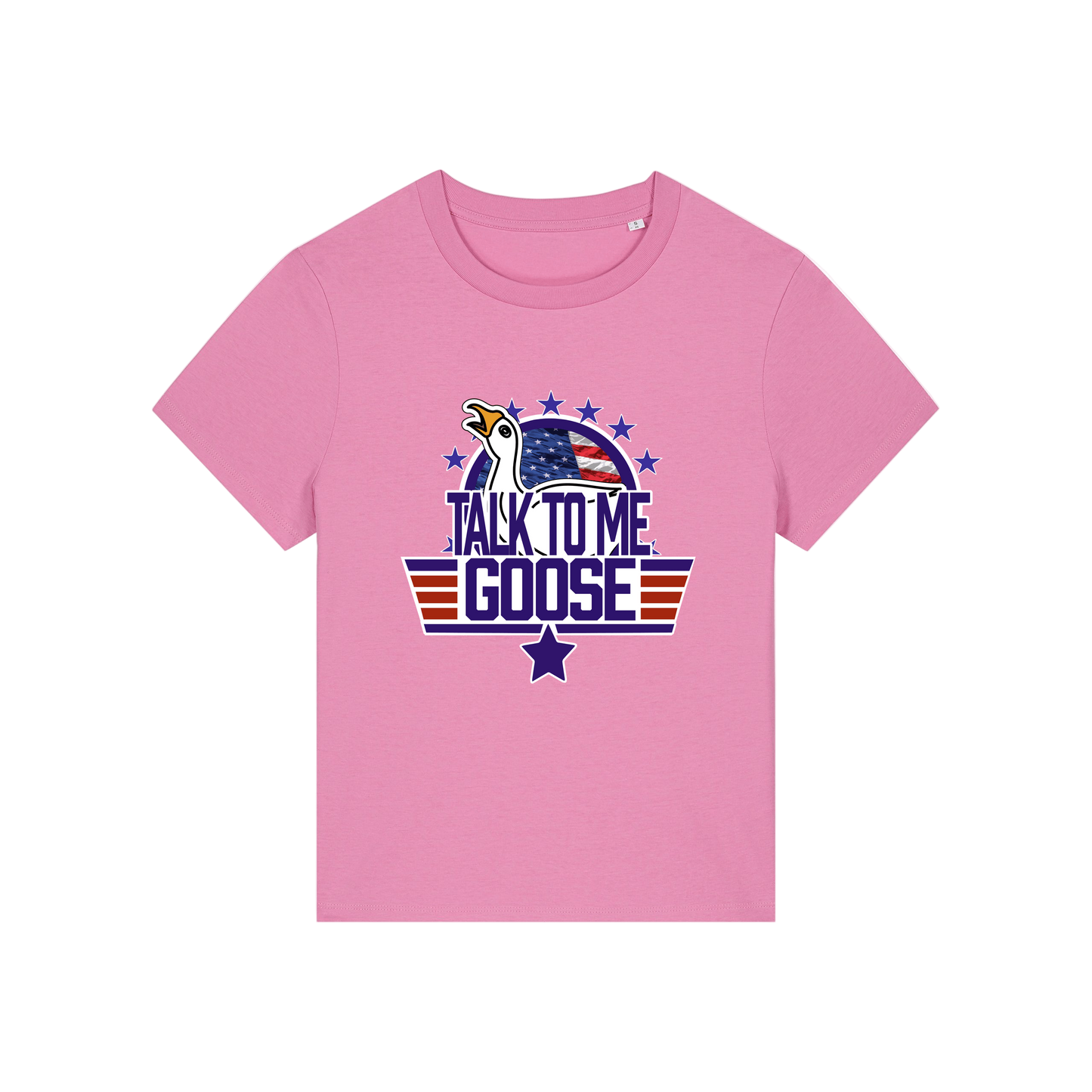 pink movie t-shirt with the graphic of a goose and the slogan 'talk to me goose'