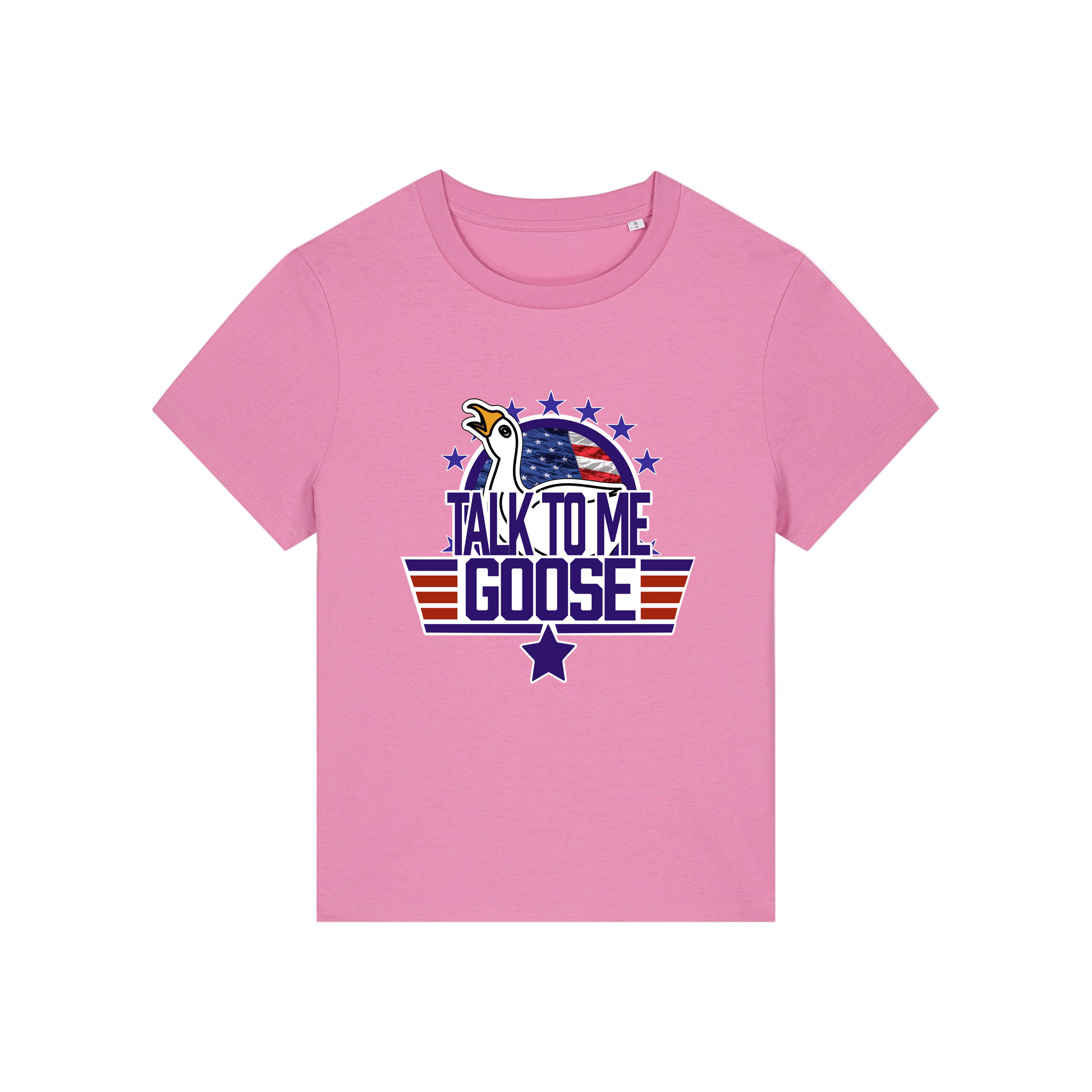 pink movie t-shirt with the graphic of a goose and the slogan 'talk to me goose'