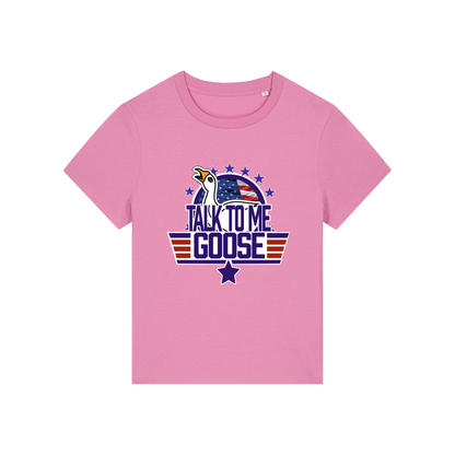 pink movie t-shirt with the graphic of a goose and the slogan 'talk to me goose'