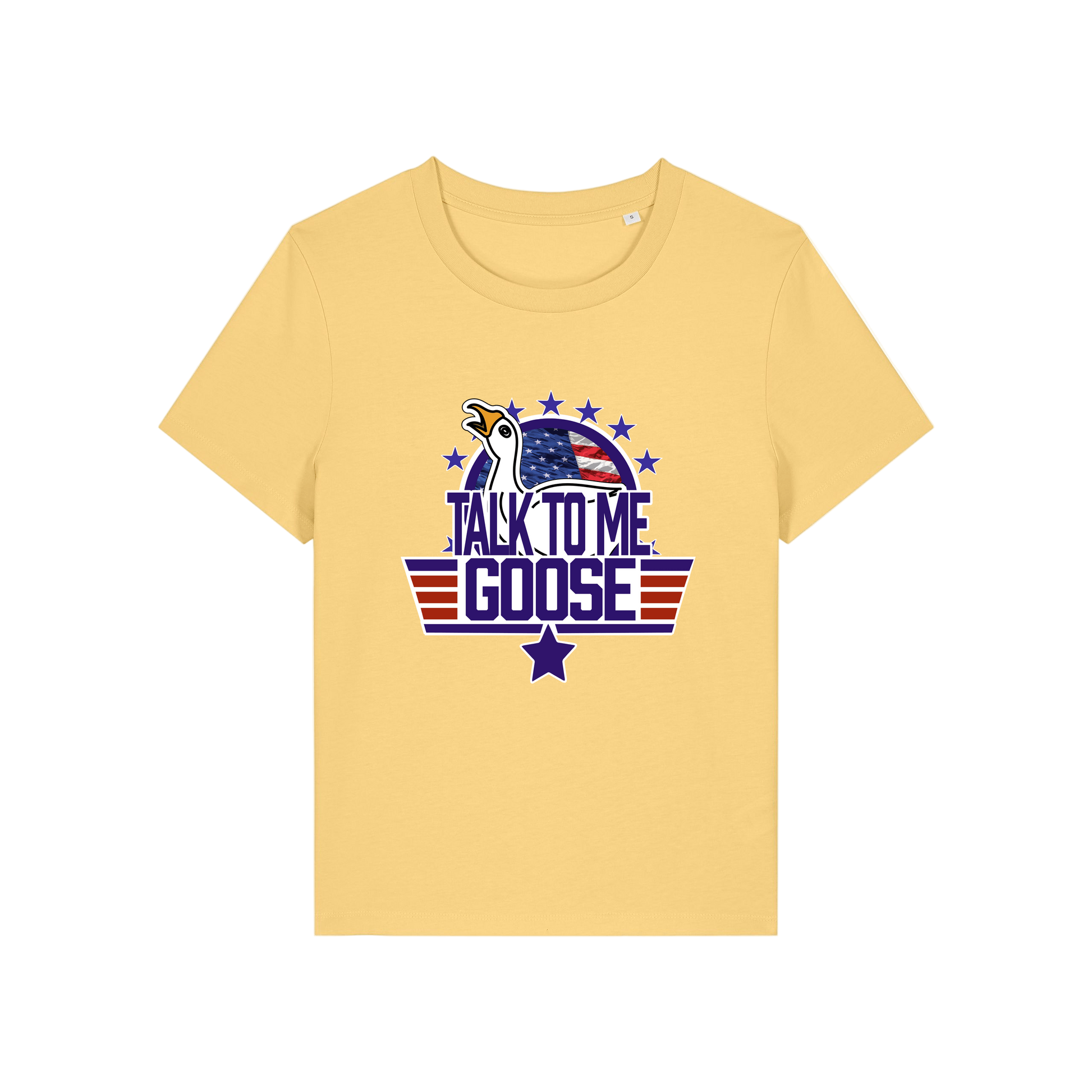 yellow movie t-shirt with the graphic of a goose and the slogan 'talk to me goose'