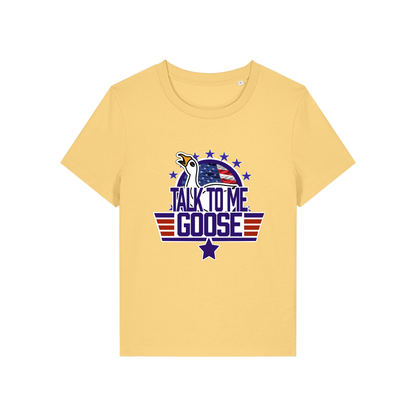 yellow movie t-shirt with the graphic of a goose and the slogan 'talk to me goose'