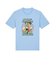 light blue funny t-shirt with the graphic of a retro married couple and the slogan 'if she don't hawk tuah i don't wanna talk to her'