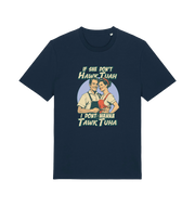 navy funny t-shirt with the graphic of a retro married couple and the slogan 'if she don't hawk tuah i don't wanna talk to her'