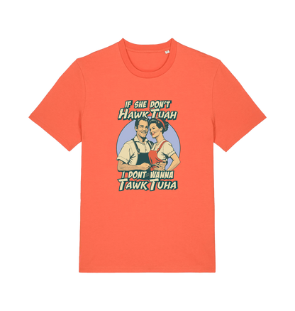 orange funny t-shirt with the graphic of a retro married couple and the slogan 'if she don't hawk tuah i don't wanna talk to her'