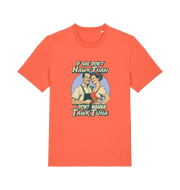 orange funny t-shirt with the graphic of a retro married couple and the slogan 'if she don't hawk tuah i don't wanna talk to her'