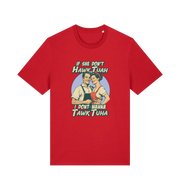 red funny t-shirt with the graphic of a retro married couple and the slogan 'if she don't hawk tuah i don't wanna talk to her'