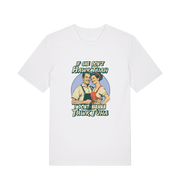 white funny t-shirt with the graphic of a retro married couple and the slogan 'if she don't hawk tuah i don't wanna talk to her'