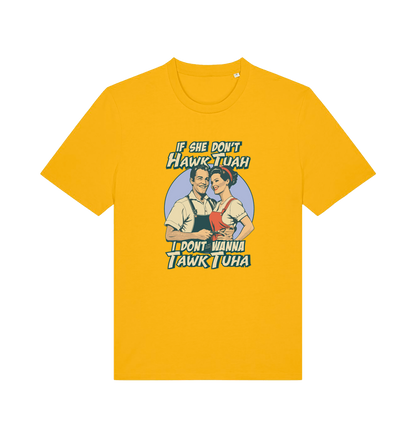 yellow funny t-shirt with the graphic of a retro married couple and the slogan 'if she don't hawk tuah i don't wanna talk to her'