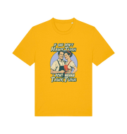 yellow funny t-shirt with the graphic of a retro married couple and the slogan 'if she don't hawk tuah i don't wanna talk to her'