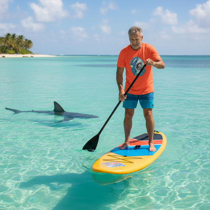 Man paddleboarding on a clear turquoise ocean with a shark in the background