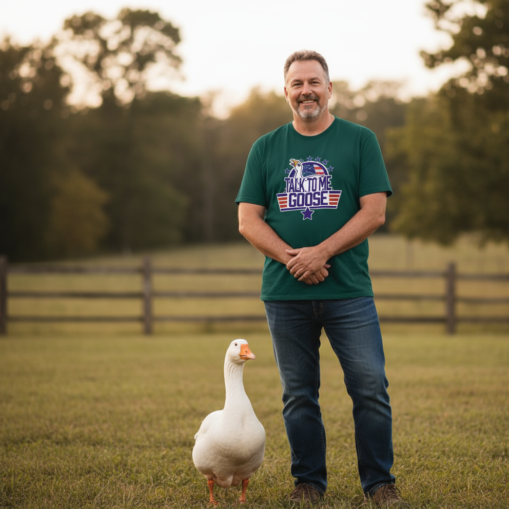 Man wearing a green t-shirt with a goose in a field