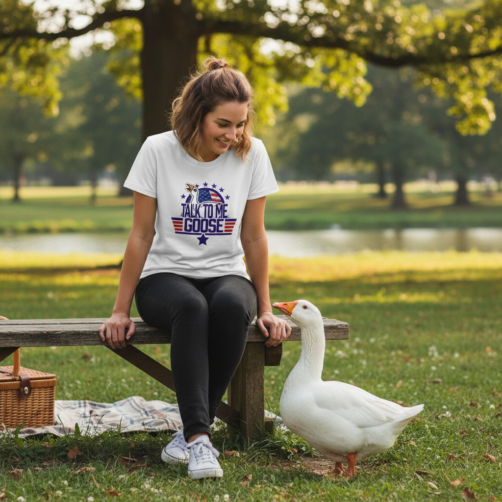 Woman sitting on a bench with a goose in a park, wearing a t-shirt with text.