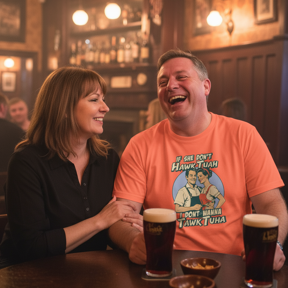 Man and woman laughing together in a bar with drinks