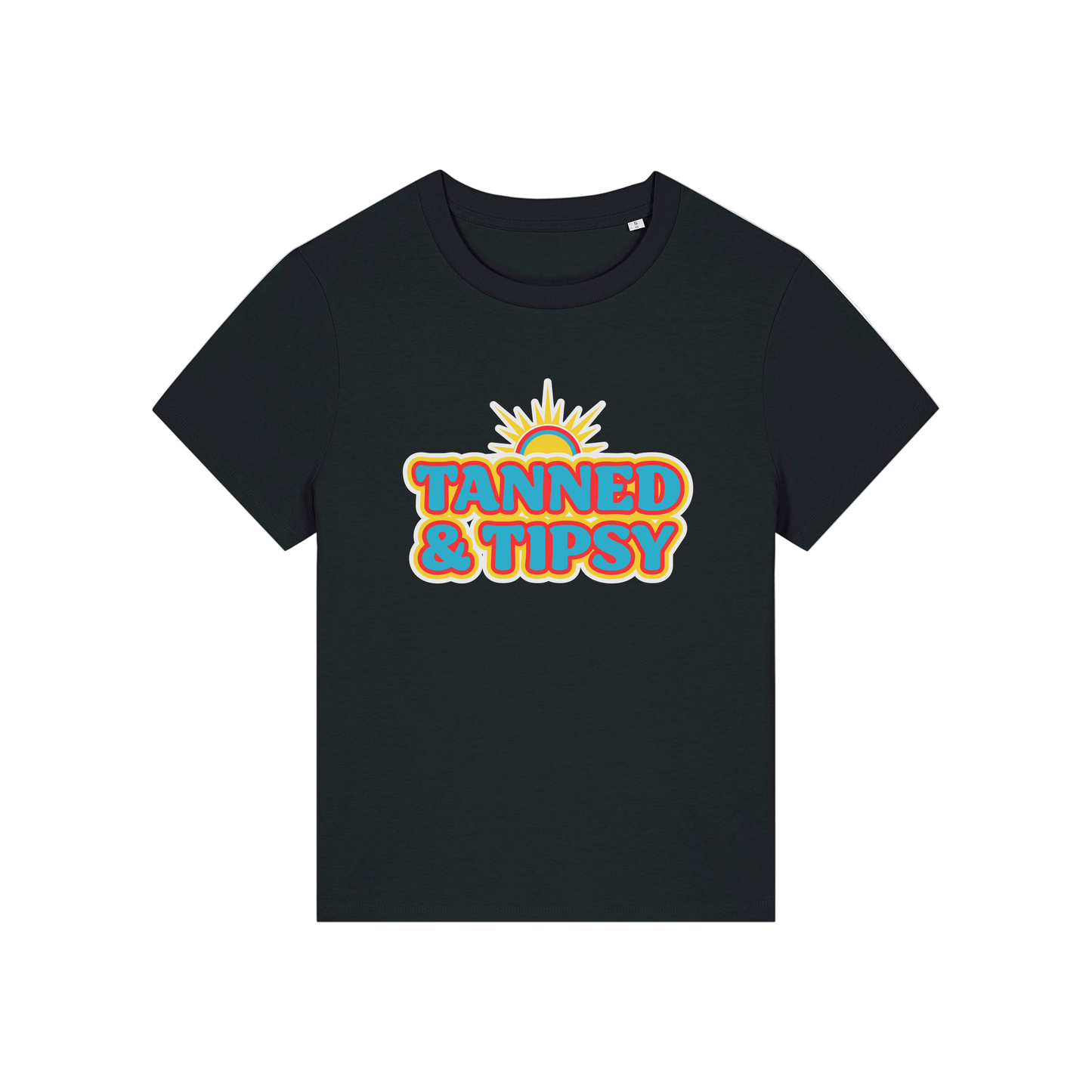 black slogan t-shirt that reads 'tanned and tipsy'