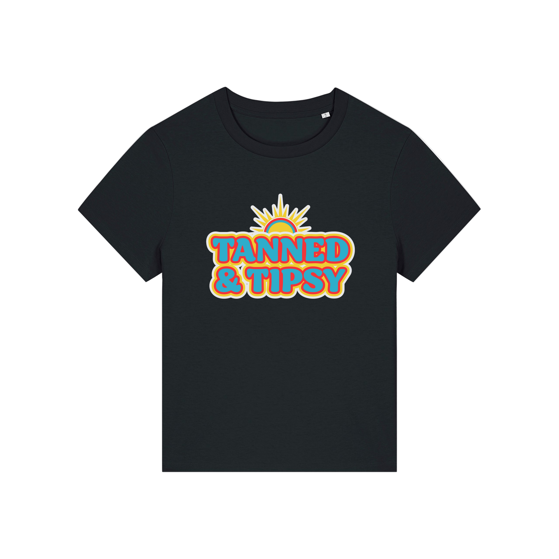 black slogan t-shirt that reads 'tanned and tipsy'