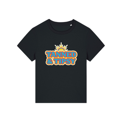 black slogan t-shirt that reads 'tanned and tipsy'