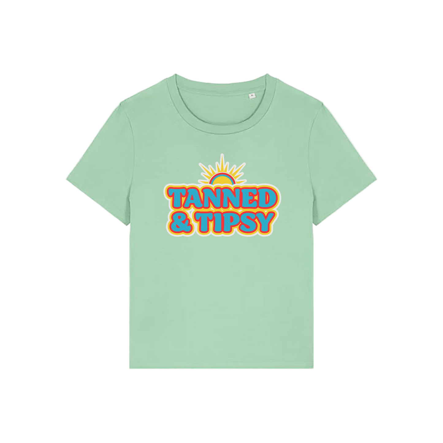 green slogan t-shirt that reads 'tanned and tipsy'