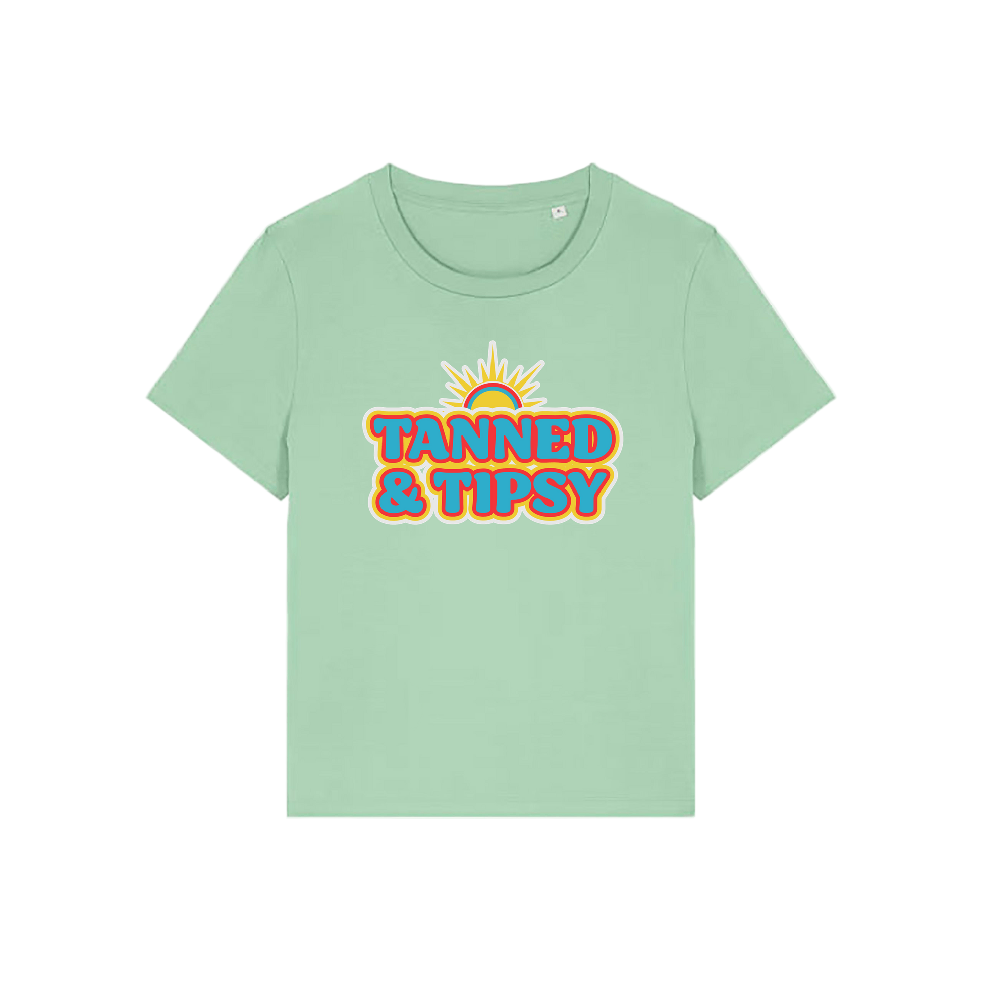 green slogan t-shirt that reads 'tanned and tipsy'