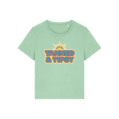 green slogan t-shirt that reads 'tanned and tipsy'