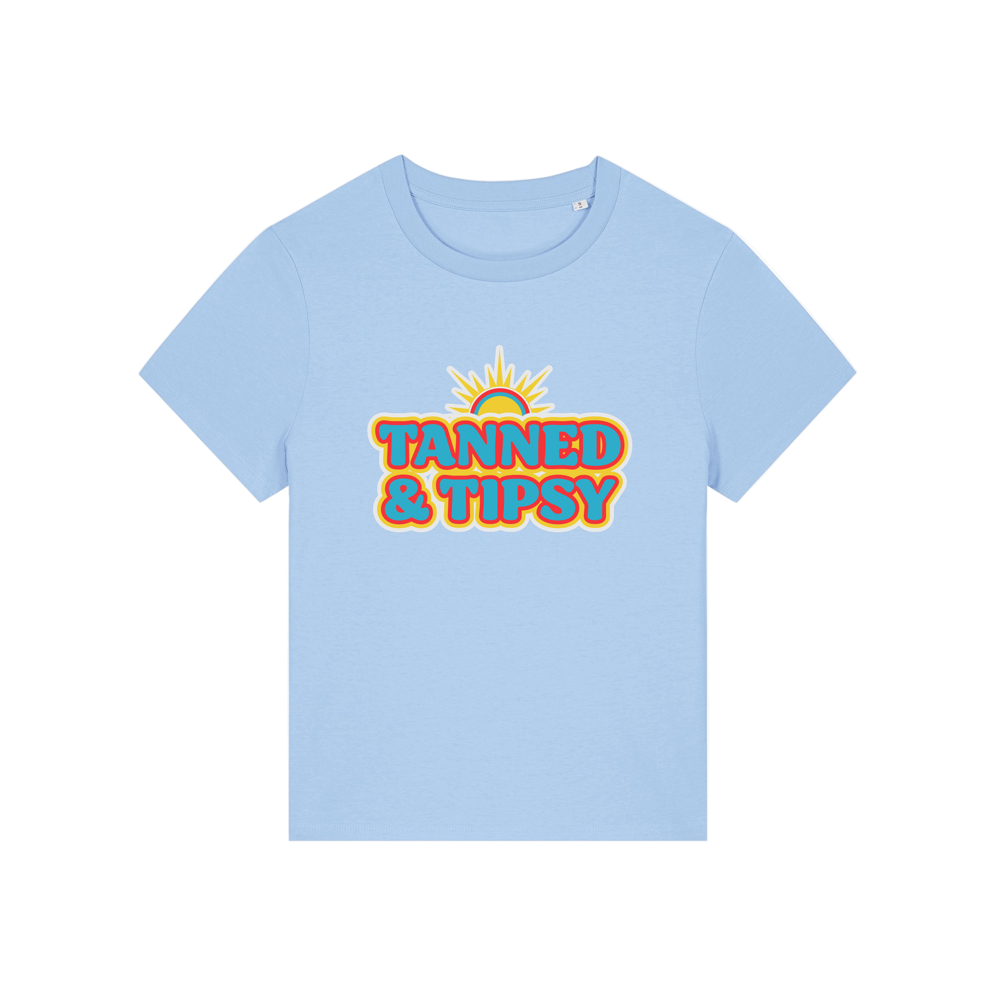 light blue slogan t-shirt that reads 'tanned and tipsy'