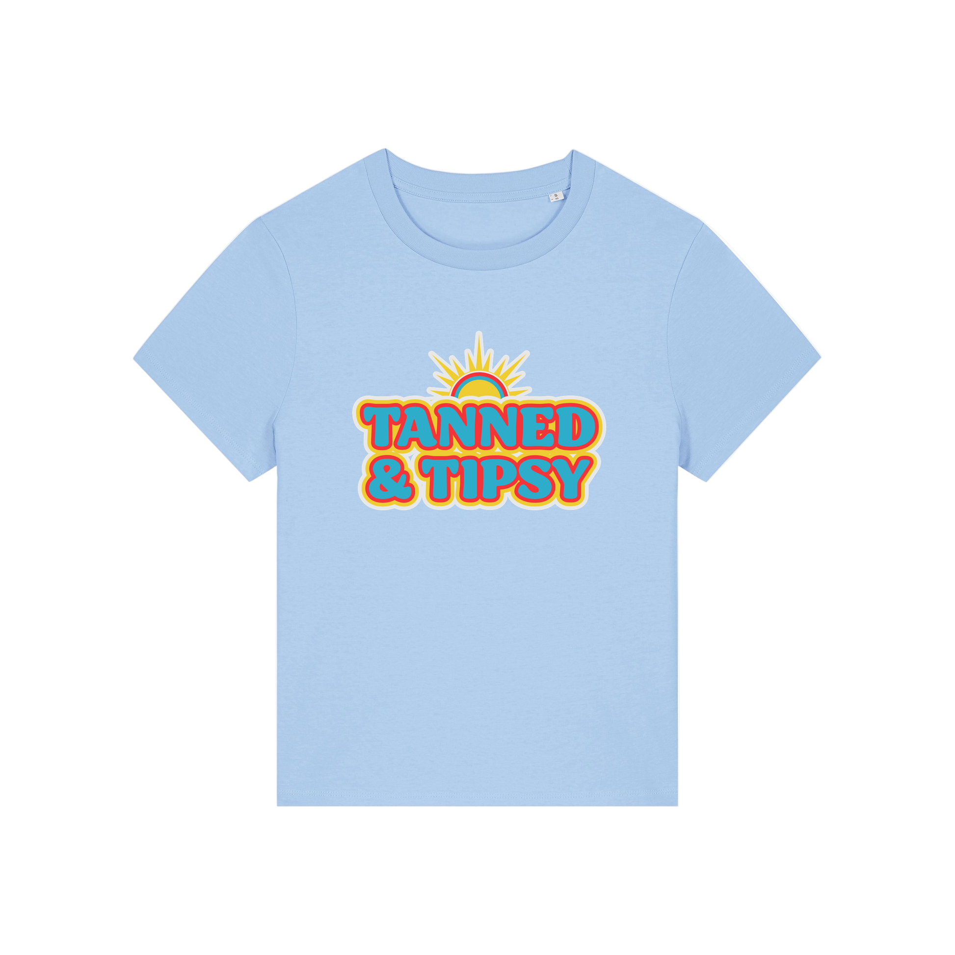 light blue slogan t-shirt that reads 'tanned and tipsy'