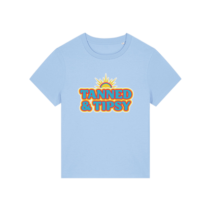 light blue slogan t-shirt that reads 'tanned and tipsy'