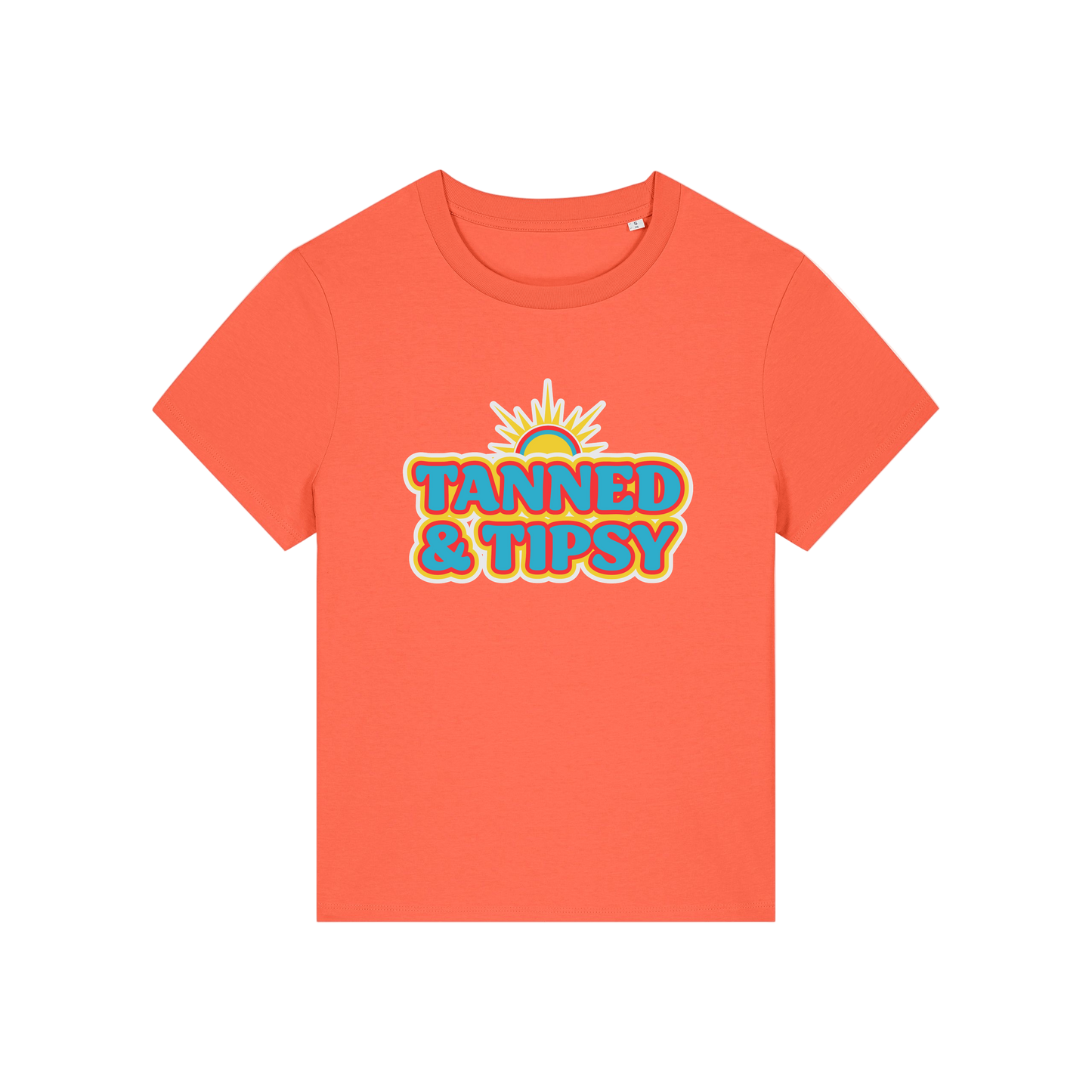 orange slogan t-shirt that reads 'tanned and tipsy'